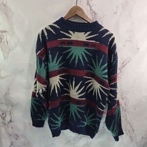 Vintage Sweater Mens Large Navy Crew Neck 90s 80s Sun Celestial Astronomy